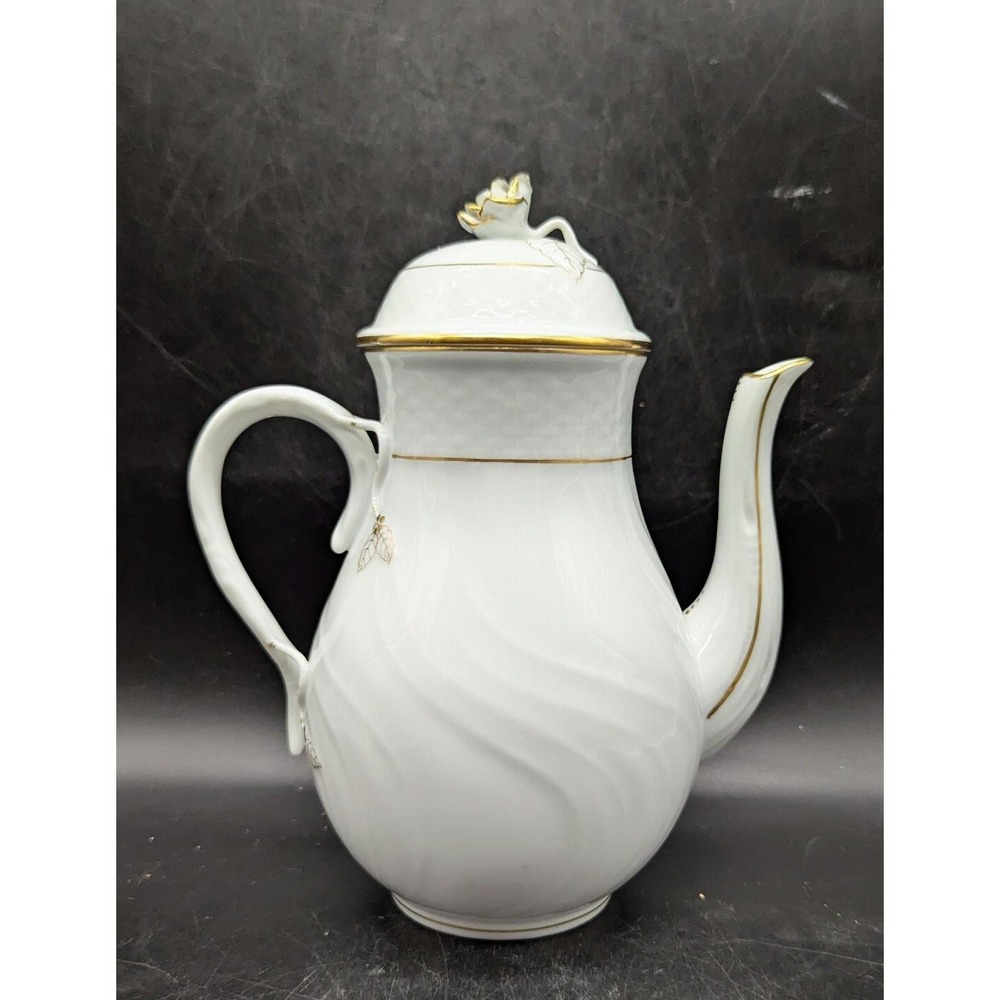 Vintage Herend Porcelain Golden Edge Coffee Tea Pot W Lid Rose Hungarian